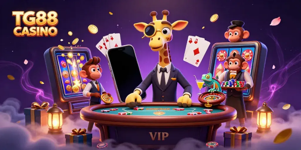 Engaging TG88 CASINO 3D scene featuring a high-roller giraffe and lively casino elements.