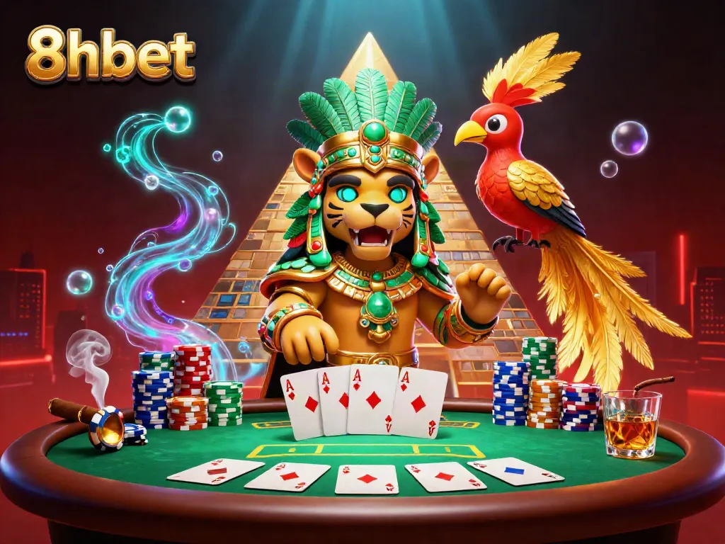8xbet enhances the gaming experience with a vivid 3D illustration of a dynamic poker scene.