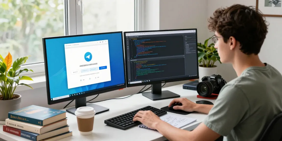 Developer configuring Telegram Chinese language settings in a modern workspace.