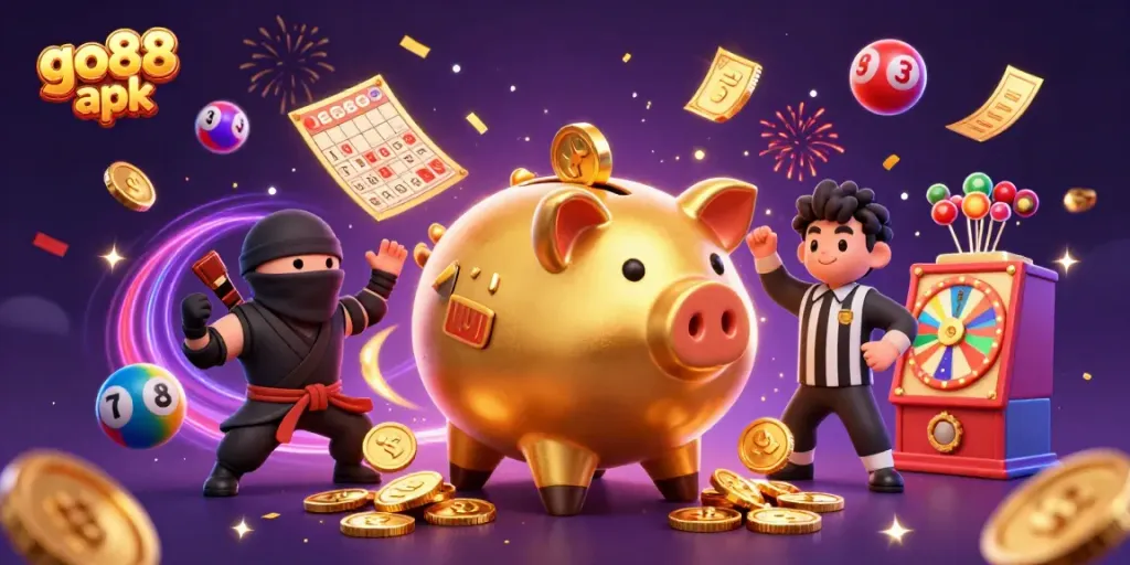 Experience the excitement of dynamic gaming with go88 apk in this vibrant casino scene featuring a piggy bank sumo wrestler and more.