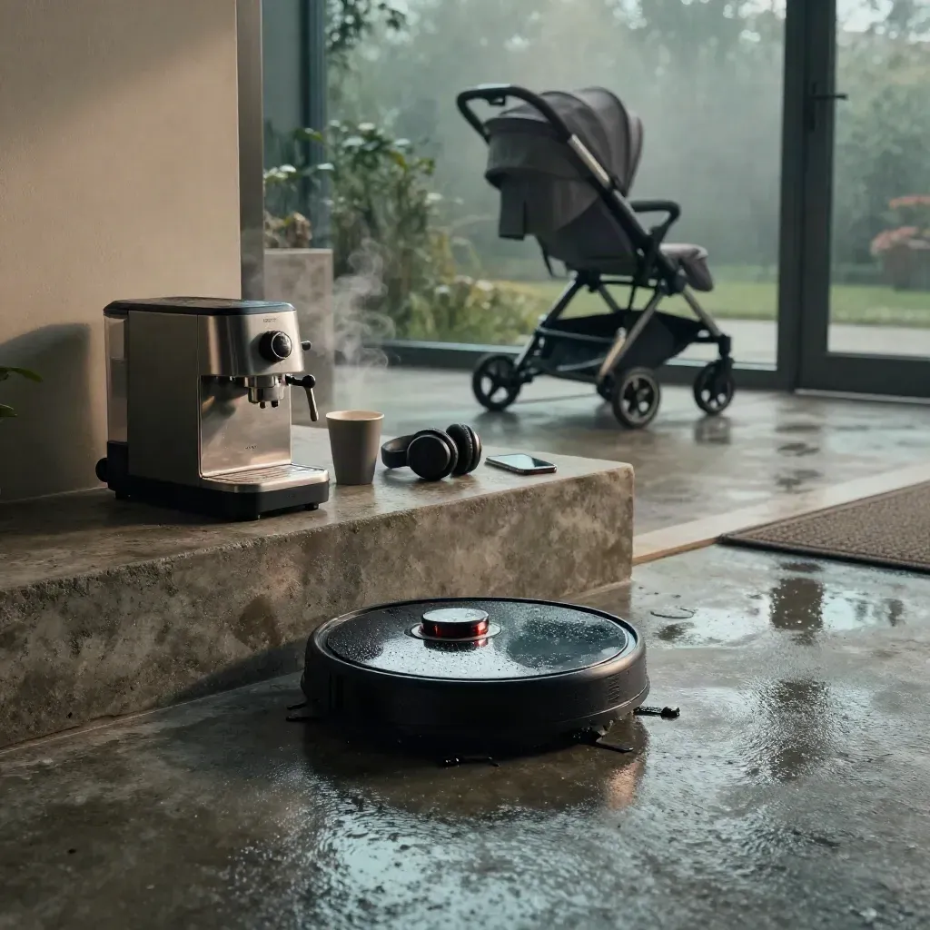Robotdammsugare i våt entré med kaffemaskin, hörlurar, mobil och hopfälld barnvagn.