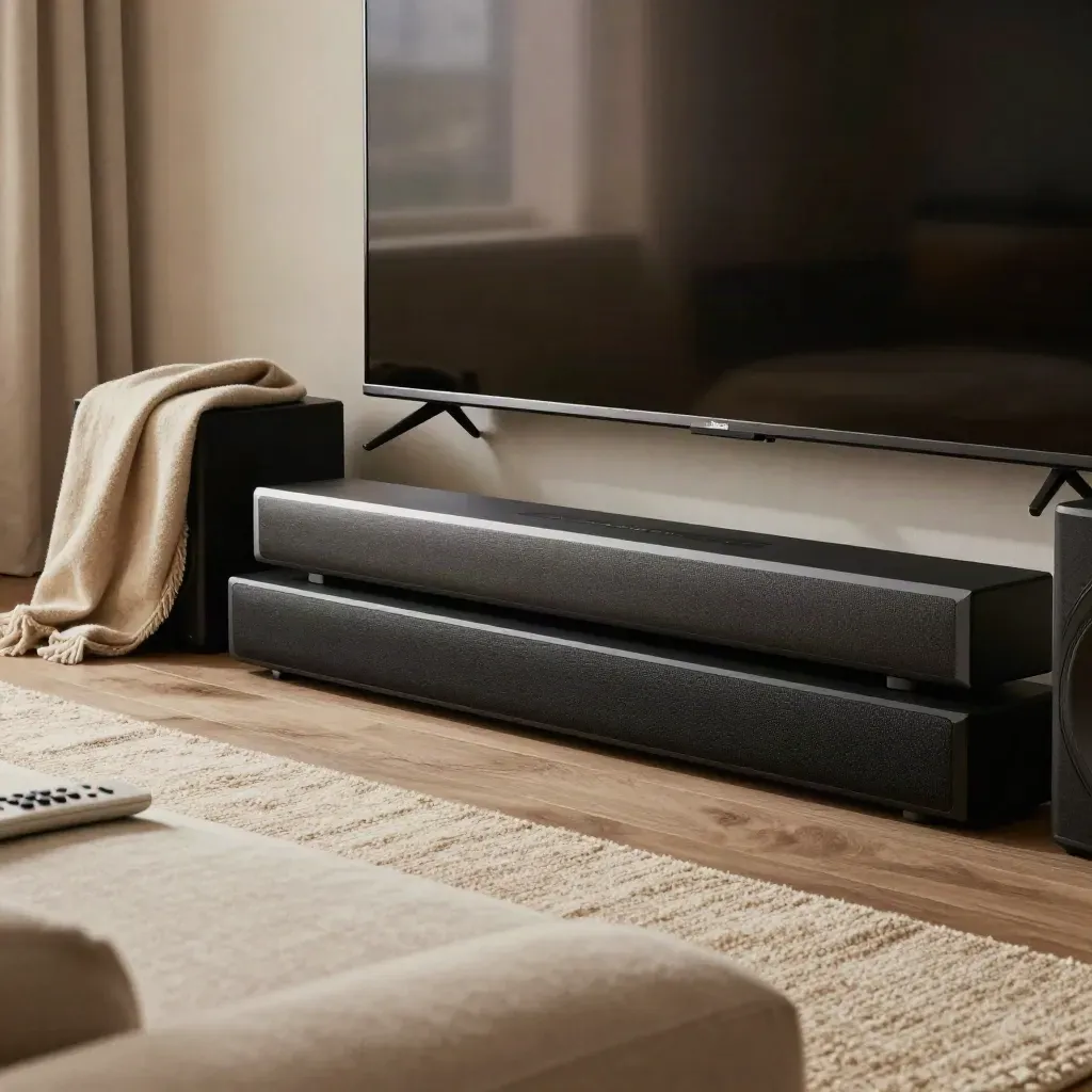 Soundbar och subwoofer framför mörk tv, med filt och fjärrkontroll i ett stilla tv-rum.