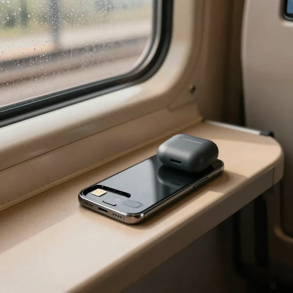 Svart smartphone och öppet sim-fack på tågsäte med hörlursfodral i skymningsljus