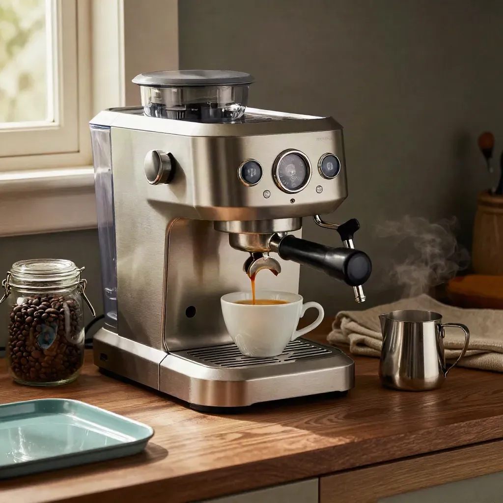 Espressomaskin i metall med kopp, bönburk, mjölkkanna och ånga på en varm köksbänk.