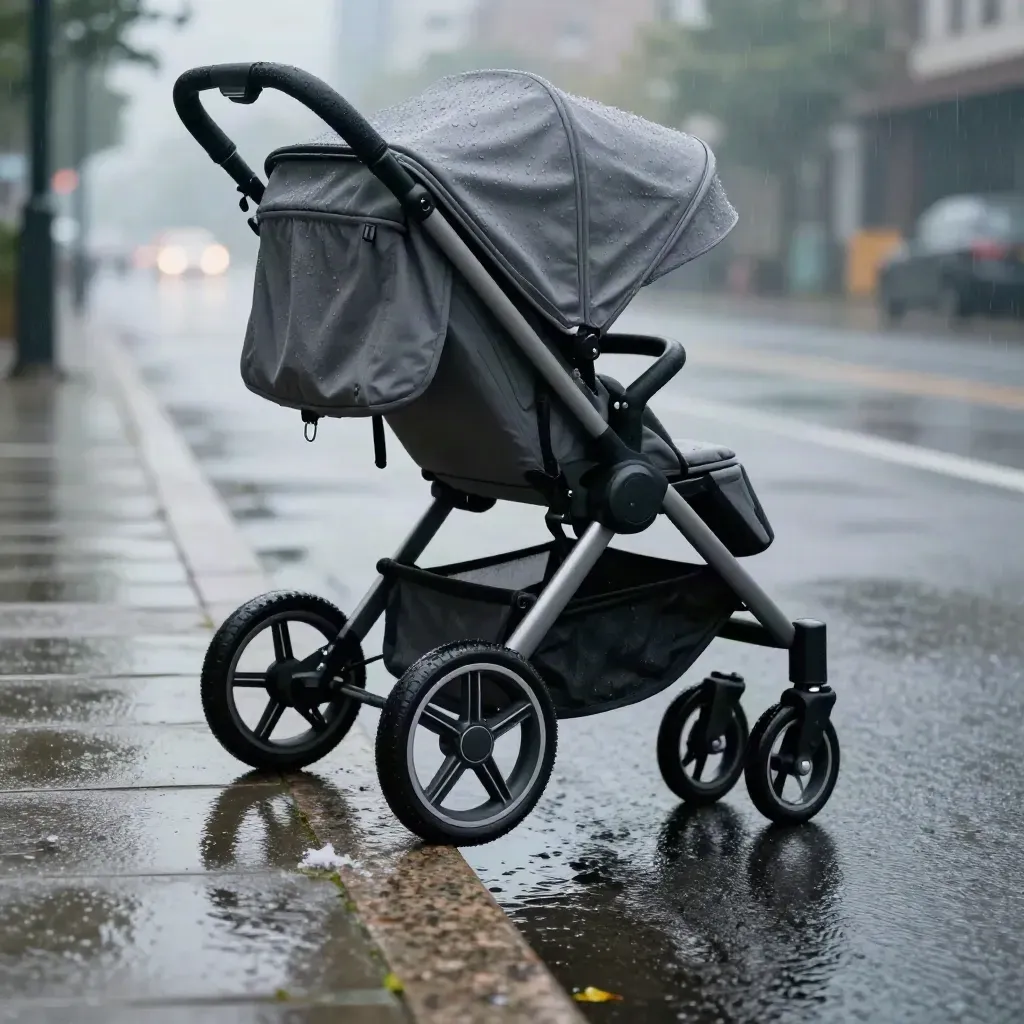 Barnvagn med regnskydd klättrar över trottoarkant i blöt asfalt efter regn.