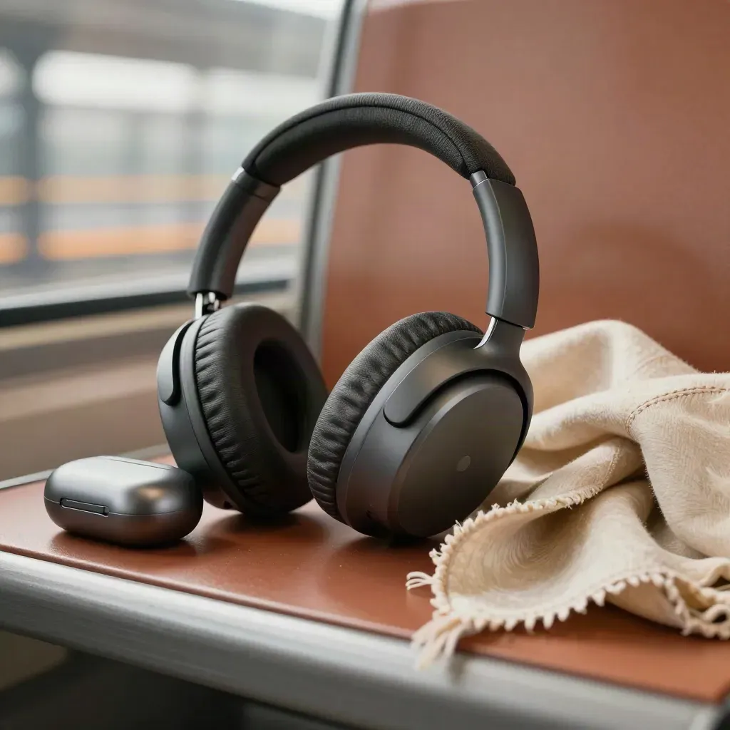 Trådlösa over-ear-hörlurar med laddetui och halsduk på en bänk i tunnelmiljö.
