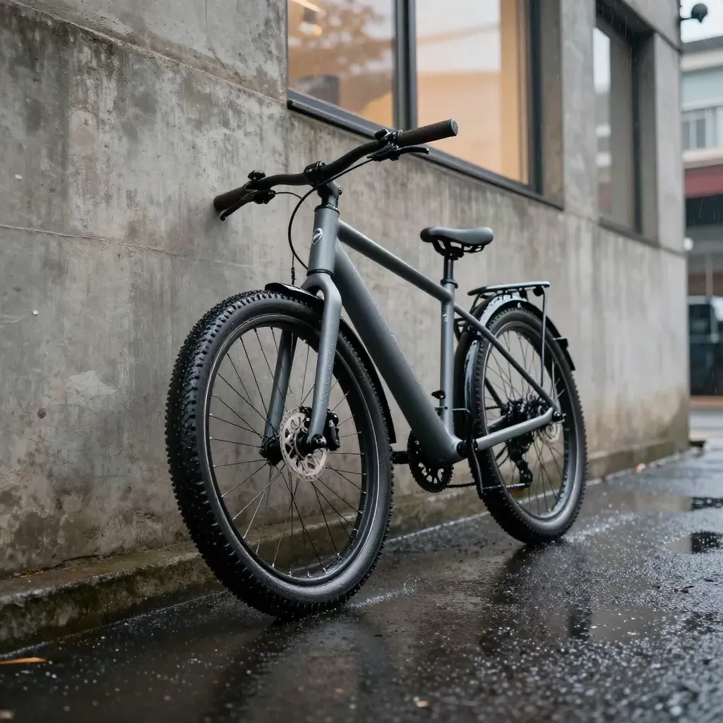 Mattegrå elcykel i regn uppför backe vid betongvägg, hjulen skär genom en vattenpöl.