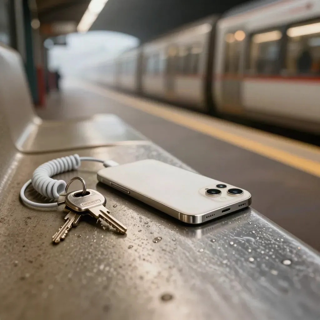 Mobil, laddkabel och nycklar på en tunnelbanebänk i skymningen med tågljus i bakgrunden