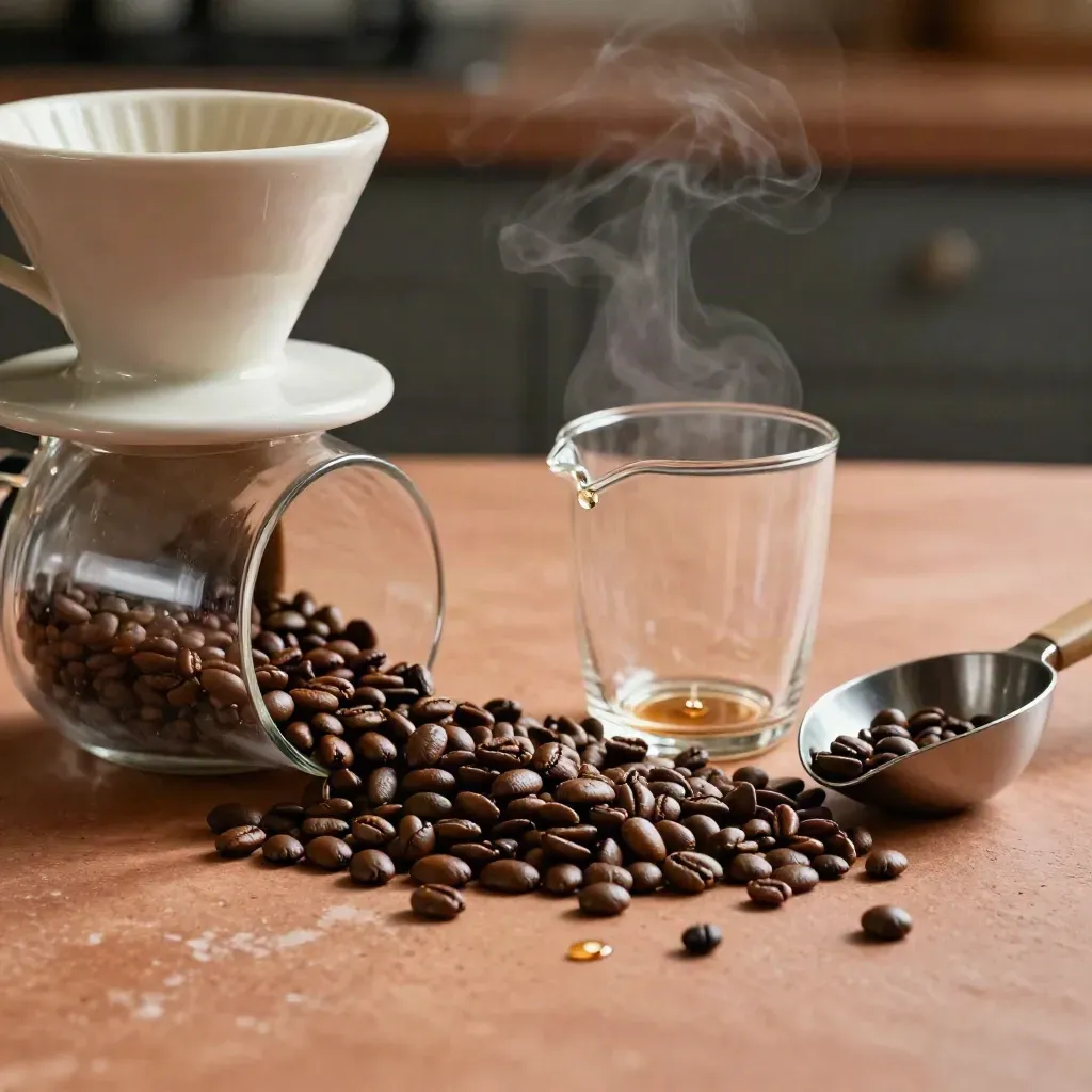 Nykokta kaffebönor, filterhållare och droppande brygg i varm morgondimma ovanför en kanna.
