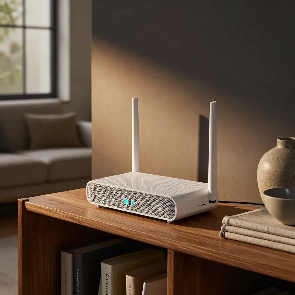 Meshrouter och nod på bokhylla i stilla lägenhet med mjukt kvällsljus