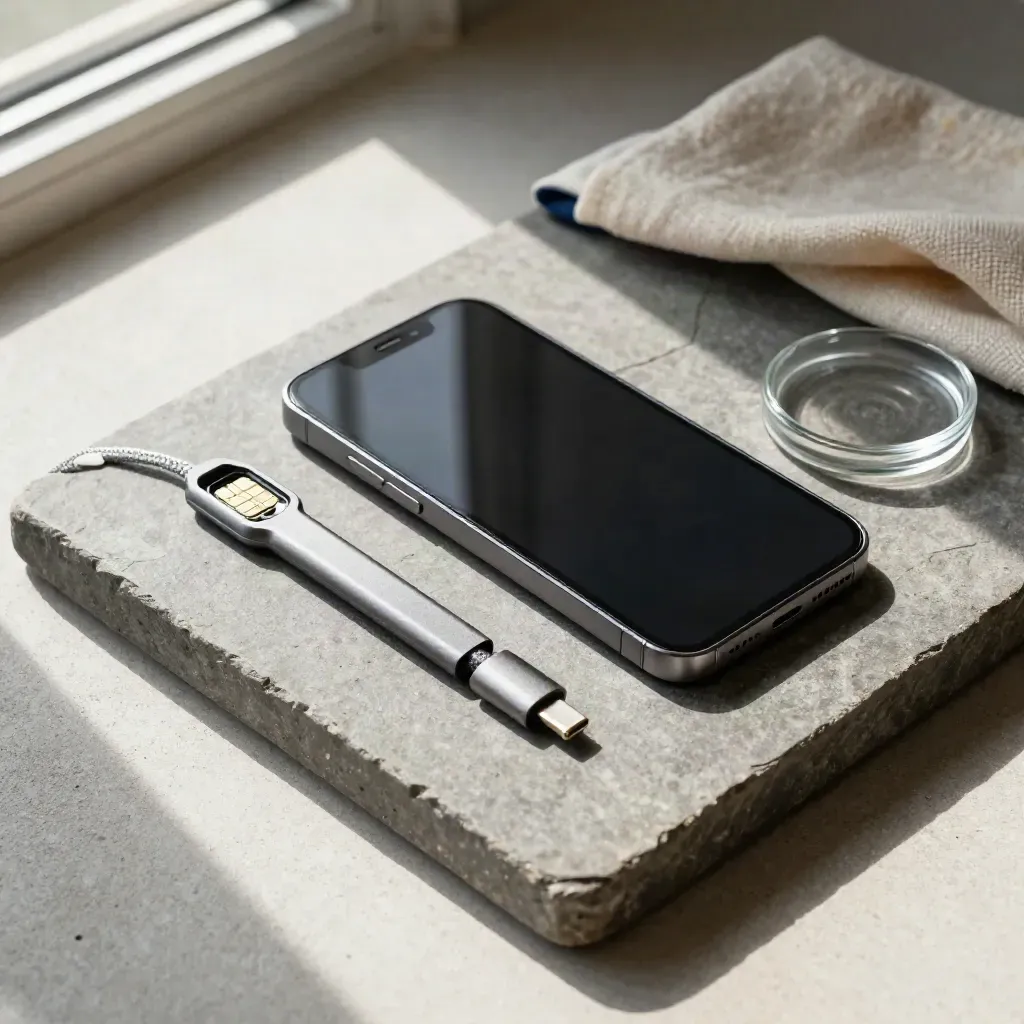 Smartphone, SIM-verktyg, laddkabel och glasfat på stenbricka i mjukt ljus.