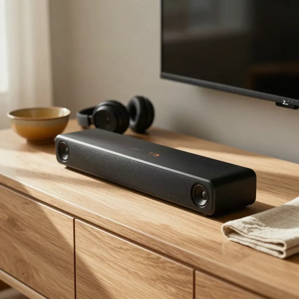 Svart soundbar med linneservetter och keramikskål på ljus träbänk i mjukt sidoljus.