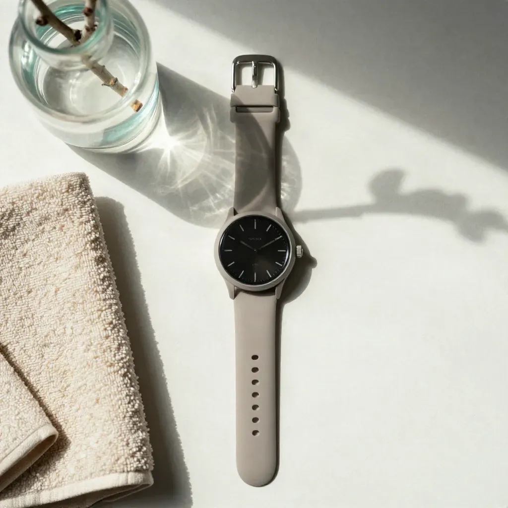 Sportklocka med silikonarmband, hopvikt handduk och liten glasvas på ljus plaster.