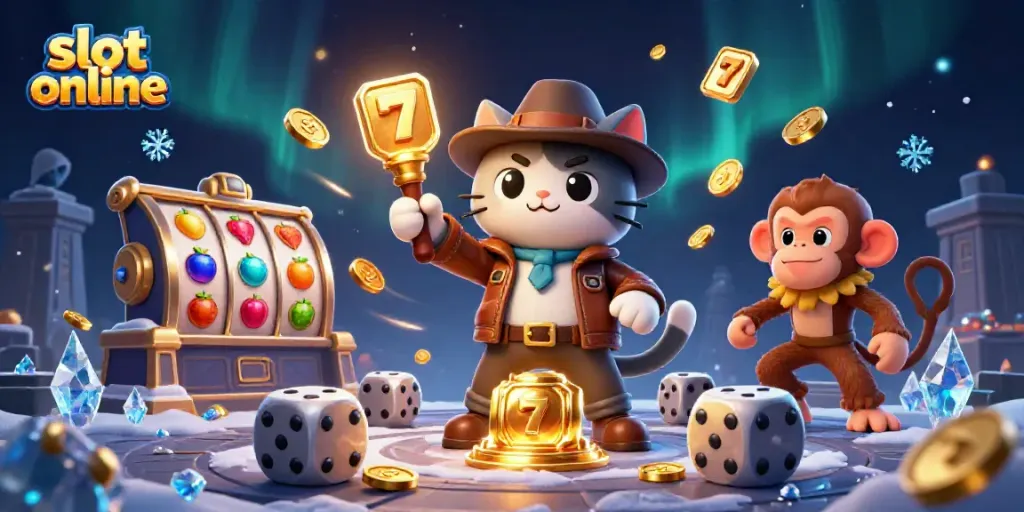 Engaging digitally rendered scene showing "slot online" themes, with a treasure-hunting cat and monkey exploring casino gold.