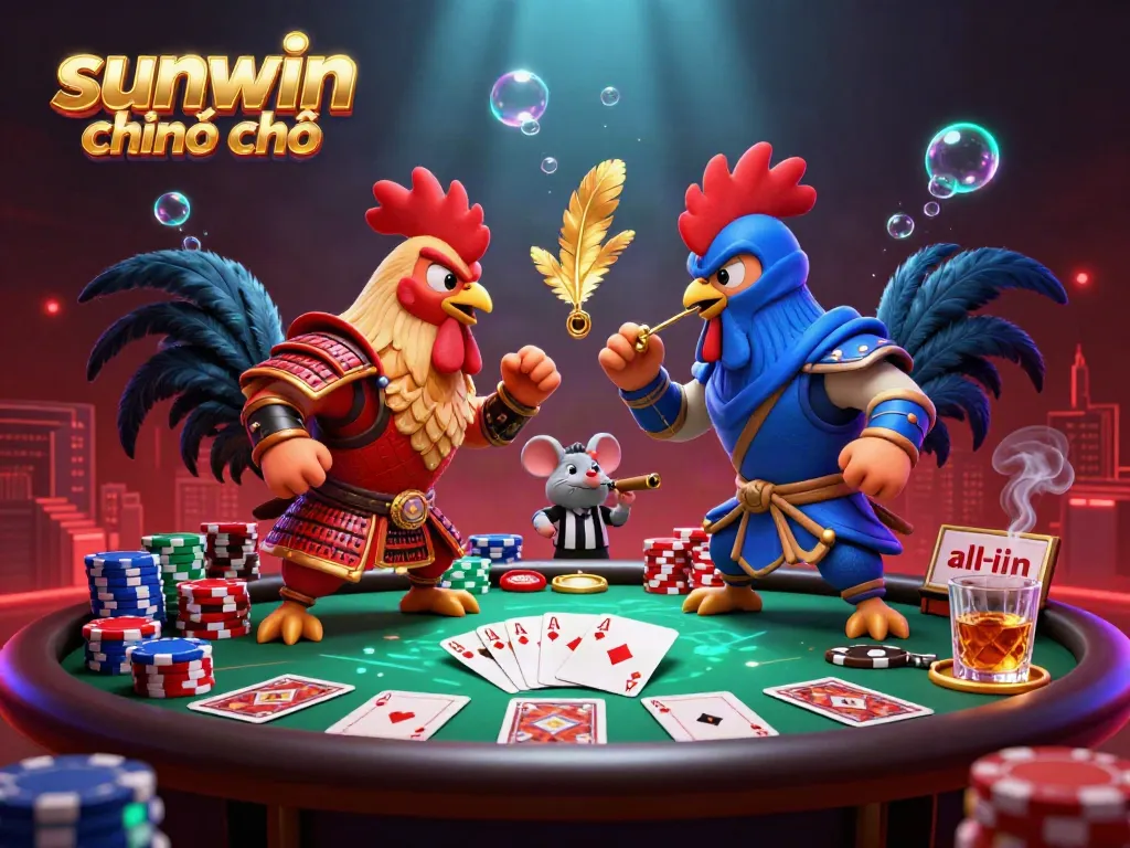 Experience the excitement of sunwin chính chủ with twin 3D cartoon fighting roosters amidst gambling elements in a dynamic casino setting.